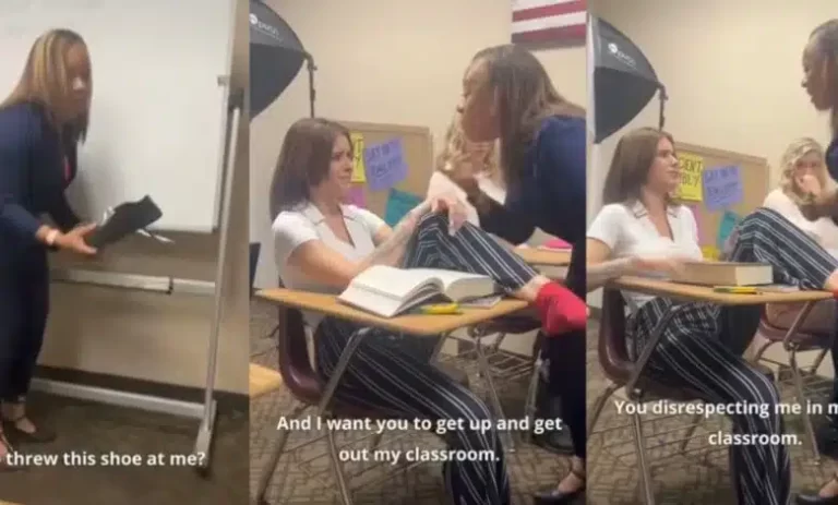 “Her self control needs to be studied” – Caucasian student throws shoe at teacher during class [Video]