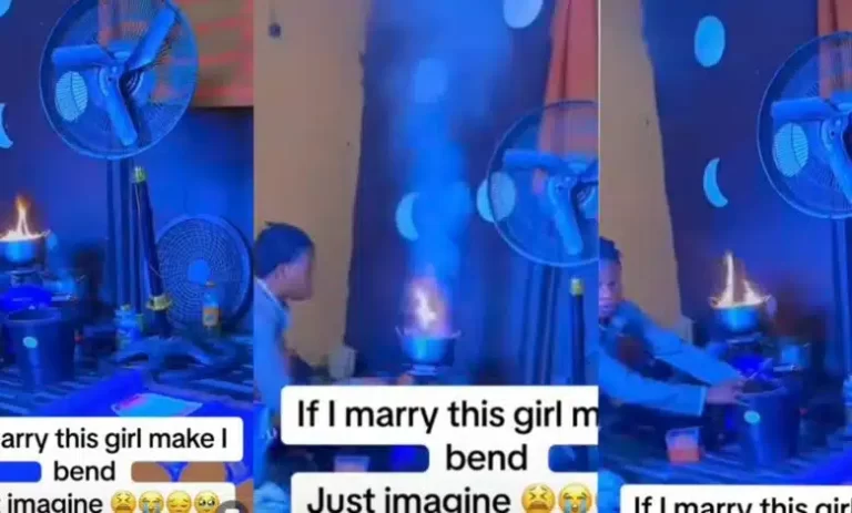 “If I marry this girl make I bend” – Man cries out as girlfriend sets pot on fire while cooking [Video]