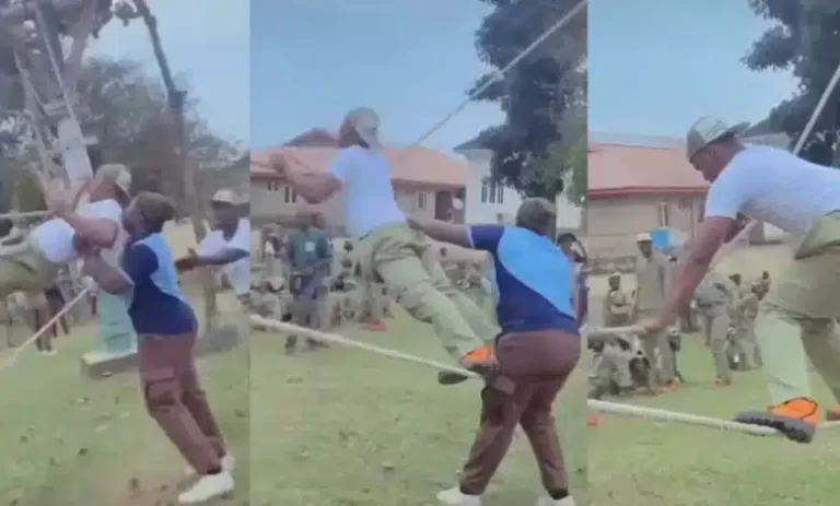 “See person serious boyfriend” – Watch moment corper struggles to maintain balance during Man O’ War drill (Video)