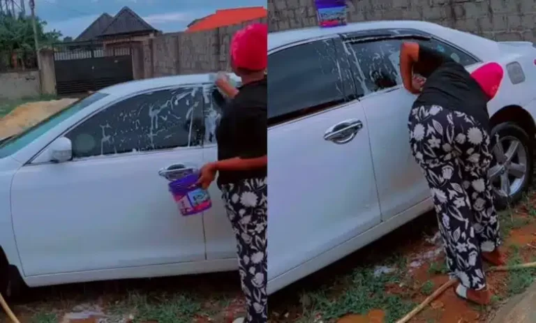 Jealous girlfriend washes boyfriend’s car to prevent him from meeting another woman on his way to car wash (Video)