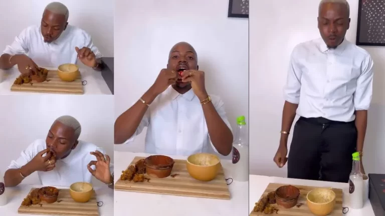 “This guy na cultist – Influencer Enioluwa raises eyebrows as he eats peppered Nkwobi and Ata Rodo like plantain chips (Video)