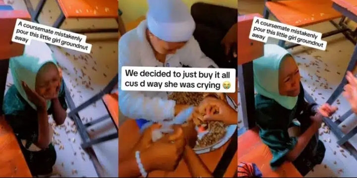 Little girl hawking groundnuts burst into tears as a student mistakenly pours her goods away (Video)