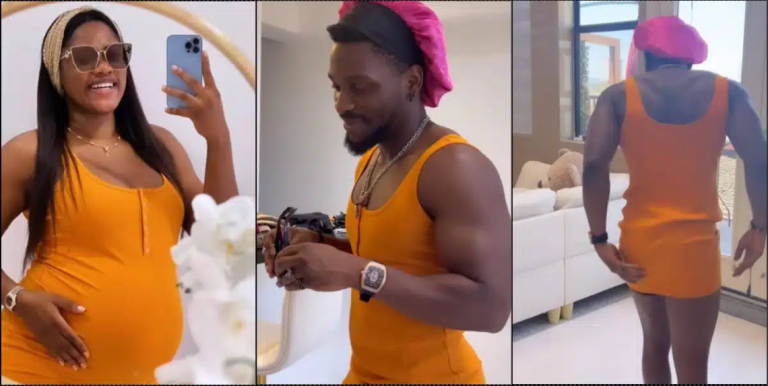 “Pregnancy looks good on you but I rocked it better sha” – Tobi Bakre tells pregnant wife as he rocks her outfit (Video)