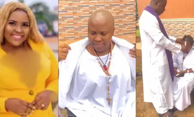 Video of Catholic Priest cutting hair of Chioma Chijoke over hubby’s demise stirs mixed reactions