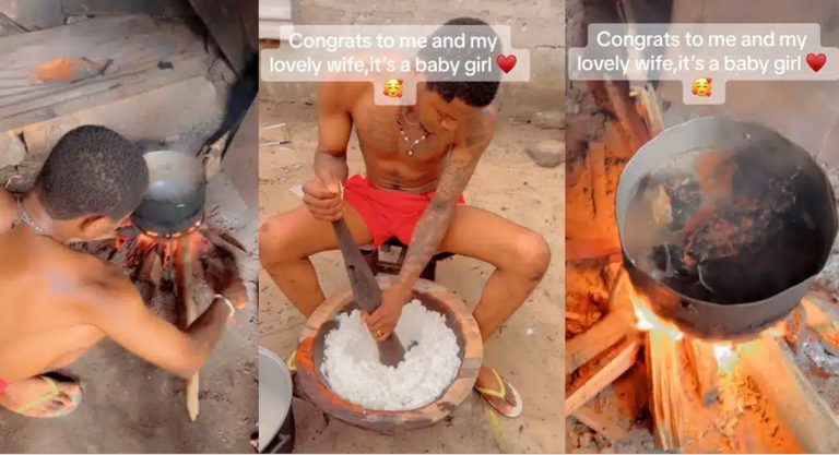 “Husband material 200 yards” – Young man prepares pounded yam for wife after safe delivery (Video)