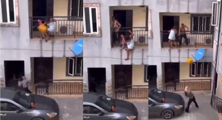 Side chic tries to jump down from building as lover’s wife returns unannounced (Watch video)
