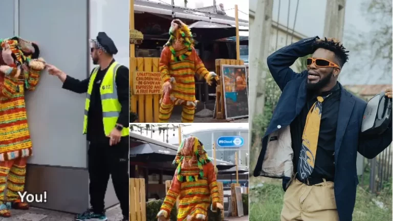 “This guy no well” – Broda Shaggi rocks masquerade attire on street of London, white police chases him (Video)