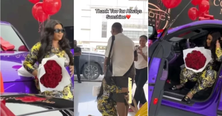Woman goes on her knees as husband gifts her Lamborghini for her birthday (Video)