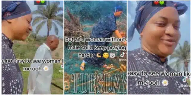 “Na boys I born no be girls” – Woman brags as father-in-law takes her to see husband’s lands in village (Video)