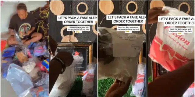 Lady outsmarts customer who sent fake alert, packages dirty nylon, makes her pay for delivery fee