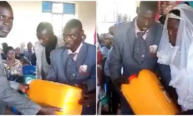 Wedding guest causes a stir by openly gifting couple an empty jerry can on their wedding day as a wedding gift (Video)