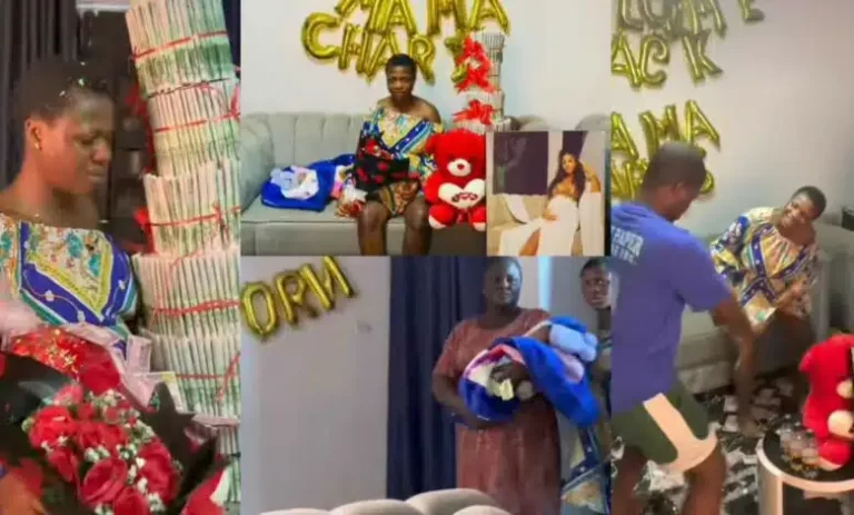 Woman shades tears of joy as husband welcomes her with surprise party, money cake as she returns from hospital after birth (Video)