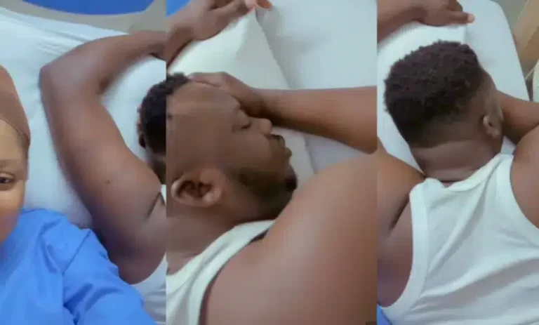 “He’s resting from 9 months stress” – Man dozes on wife’s maternity bed after she gave birth to their child, video stirs reactions