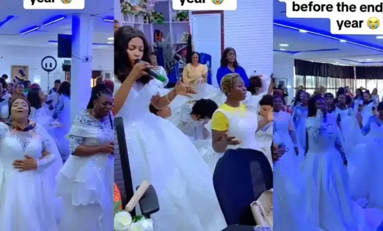 Single ladies wear wedding gowns to church as they hold wedding retreat to pray for husbands (Video)
