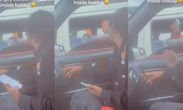 “E be like them never carry him phone run” – Moment guy in a hold-up gives lady in another car his phone to input her number