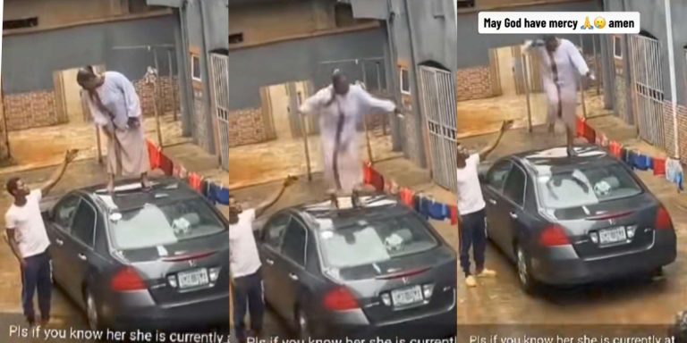 “Ladies please don’t destroy property when fighting with your partner” – Reaction as lady climbs and wrecks man’s car (Video)