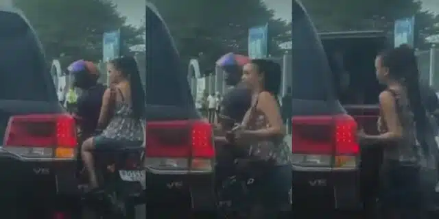 Moment lady on bike hops into car as stranger woos her on the road (Video)