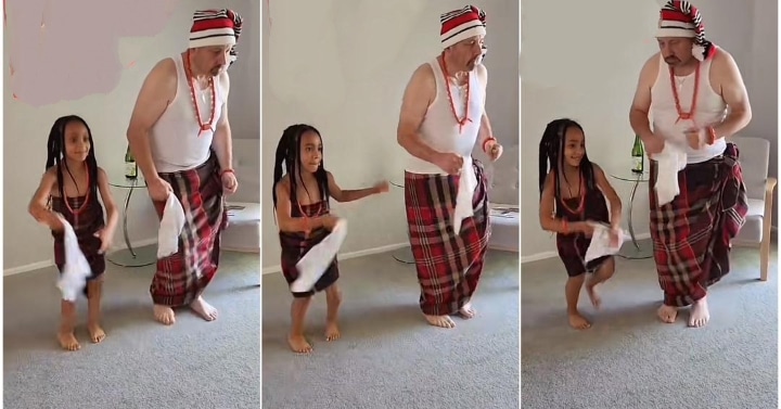 “We are proud of you” – Reactions as little girl teaches oyinbo father how to dance like Igbo man in trending video