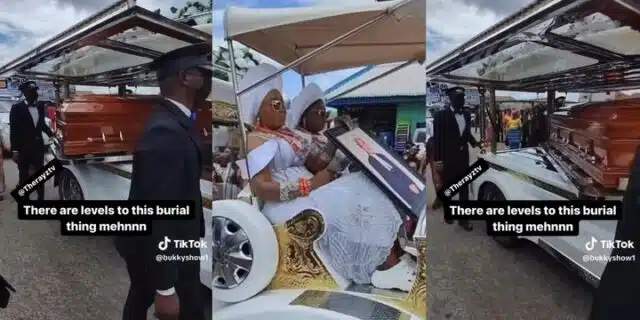 “The corpse is gonna be dizzy” – Netizens react as family pulls up for burial with spinning coffin (Video)