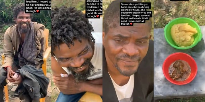 Nigerian woman transforms homeless man, gives him clothes, food, cuts off his dreads and beard (Video)