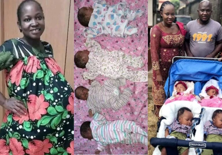 “Miracle no dey tire Jesus” – Nigerian woman celebrates as she welcomes quadruplets after 9 years of waiting