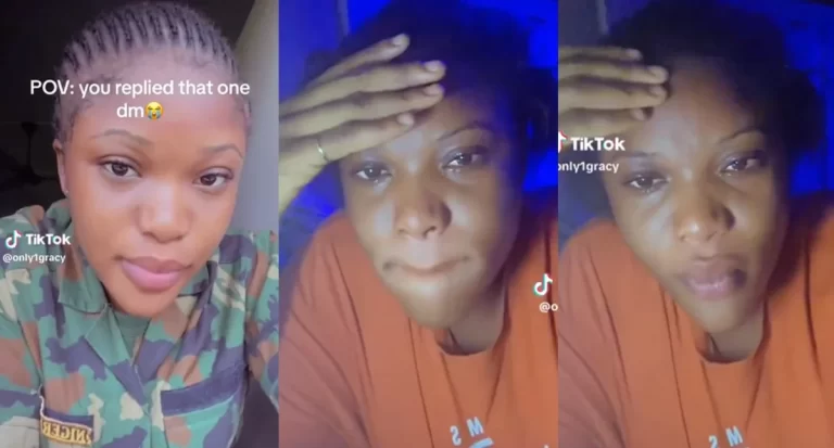 ”Anybody can collect” – Female soldier cries after suffering heartbreak (Video)