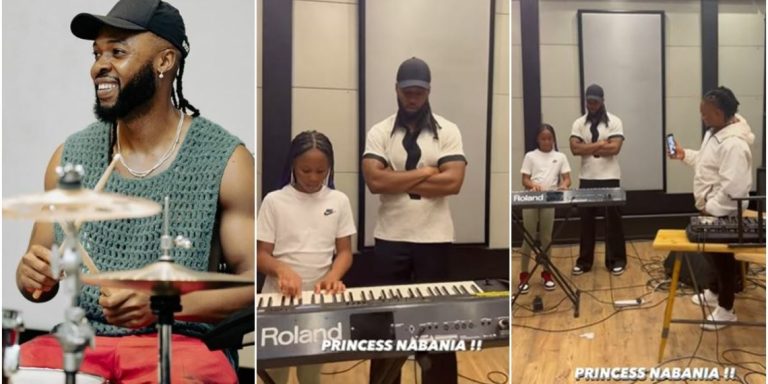 Watch moment proud father, Flavour watches his daughter display rare talent on the piano (Video)