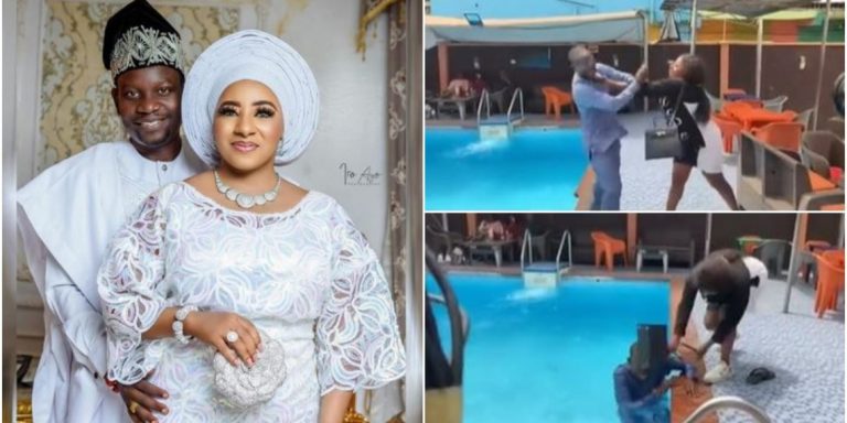 Moment Mide Martins pushes husband, Afeez into pool, strikes him repeatedly on movie set -VIDEO