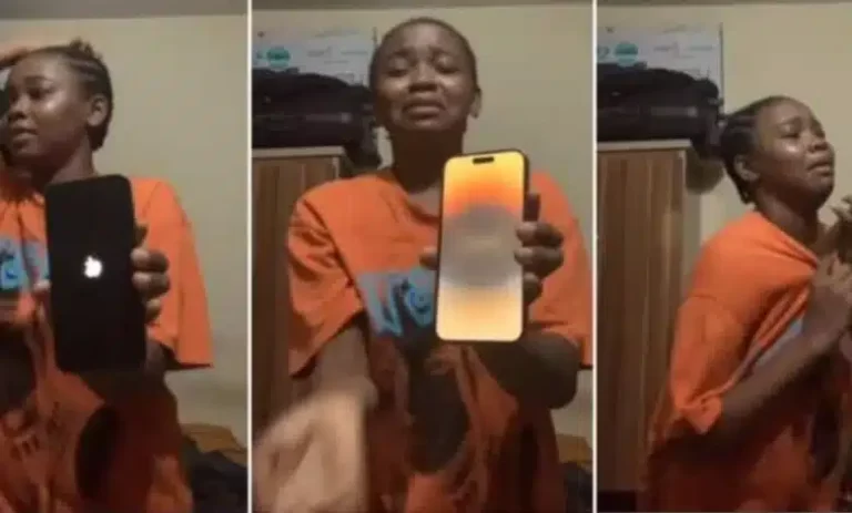 Viral garri-drinking lady sheds tears of joy as she’s gifted iPhone 14 Pro Max shortly after Davido’s N2m gift (Video)