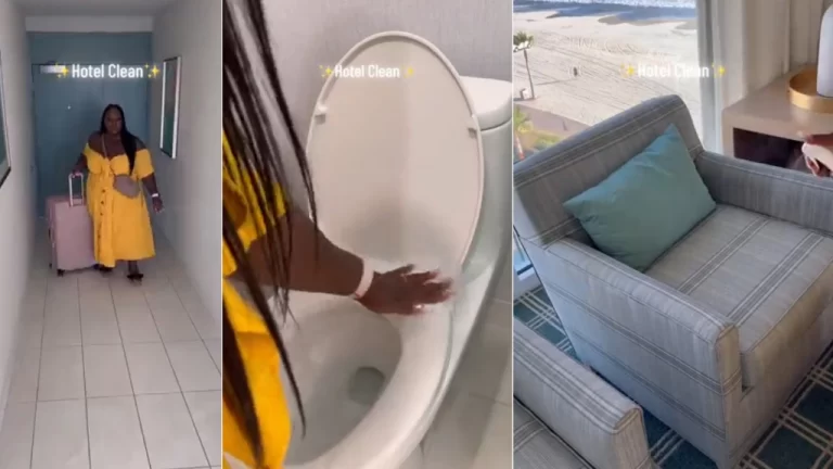 “Make dem kuku employ her” – Video shows lady cleaning hotel room thoroughly before lodging (Watch)