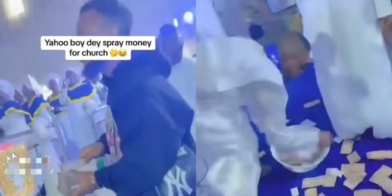 “It shows how corrupt the church has become” — Netizens react as young man makes it rain money in a white garment church