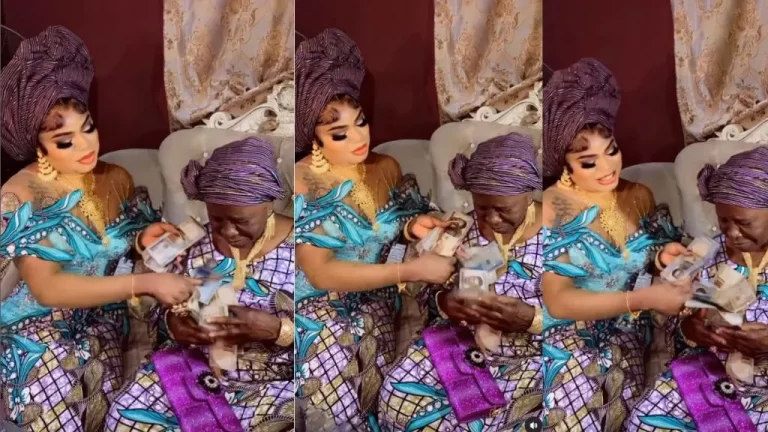 “That woman is not comfortable” – Video as Bobrisky rains money on his 90-year-old grandmother (Watch)