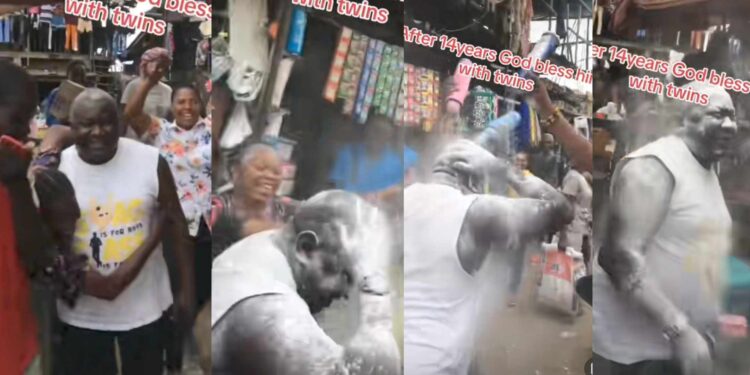 Market traders share in man’s joy as he welcomes twins after 14 years of marriage (Video)