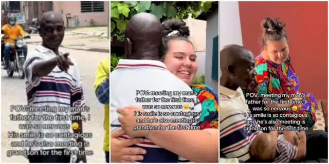 Man over the moon as he meets his son’s Oyinbo wife for the first time, they hug tightly