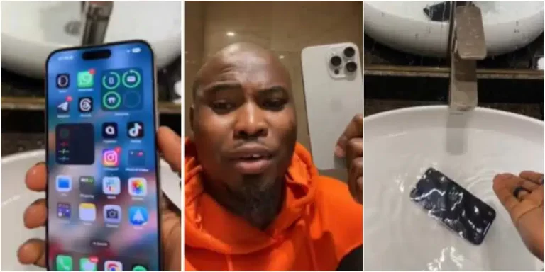 “E remain fire test” – Fans reacts after man puts iPhone 15 pro max in hot water to test its strength
