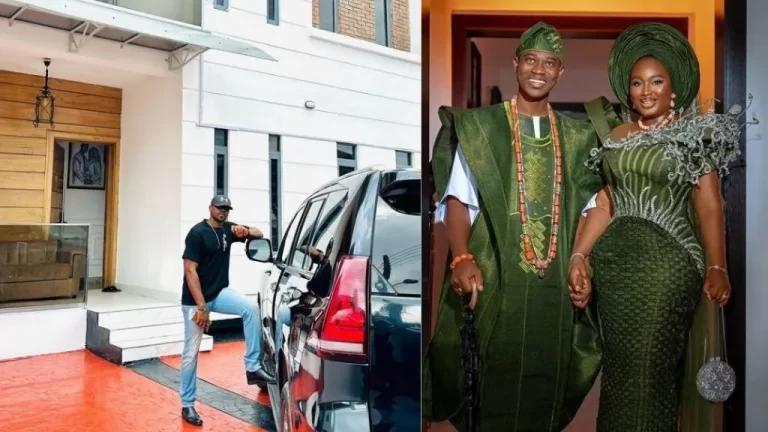“I must be rich oh” – Lateef Adedimeji flaunts pictures of his luxurious mansion and car taken by his wife (Photos)