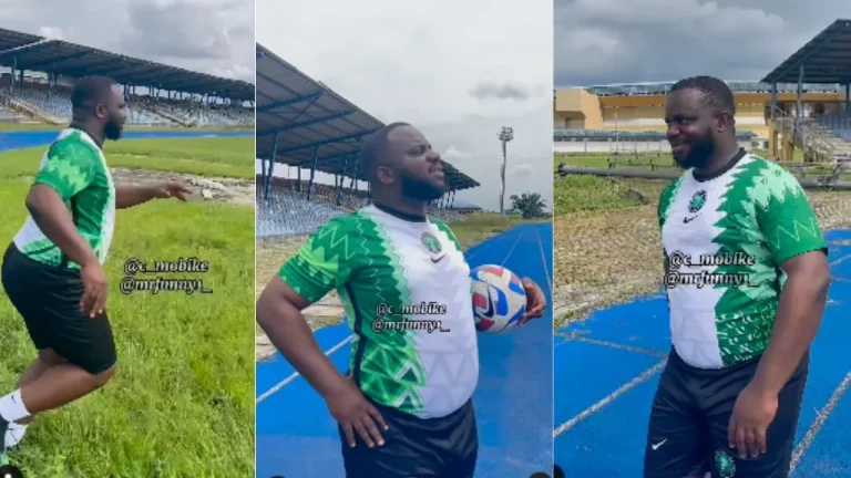 “Wahala don jam network” – Sabinus dresses like Under-17 player as he plays ball on field (Video)