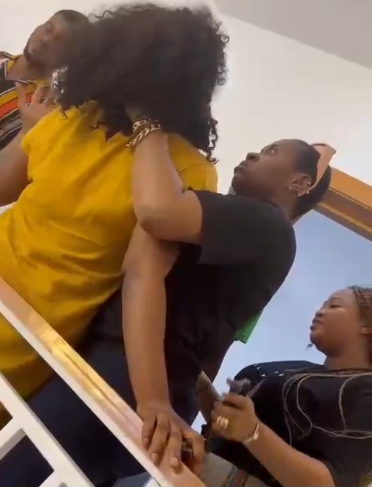 Heartstopping moment businesswoman nearly plunged down a top-floor railing while being assaulted by Nollywood actress Bridgett Missa (video)