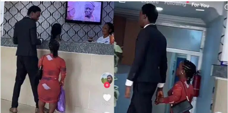 Man leaves Nigerians gushing as he takes petite woman to hotel room, proudly flaunts her (Video)