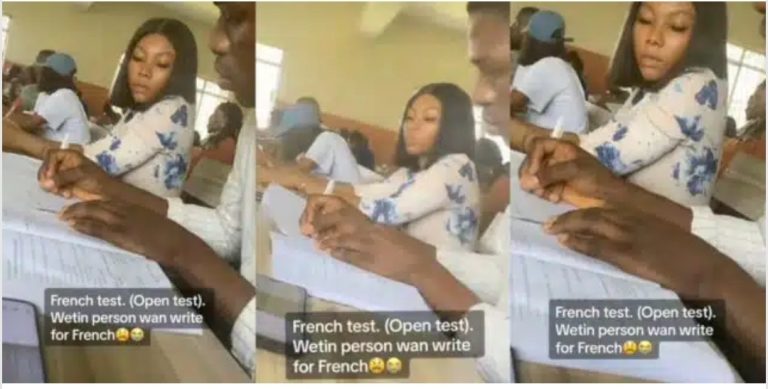 “Them no dey do fine girl for exam hall” – Moment Slayqueen is spotted stylishly copying answer during test