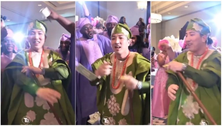 “Who wed Lee min ho” – Korean man who marries Nigerian lady makes grand entrance on wedding day, vibes hard to Asake’s song (Video)