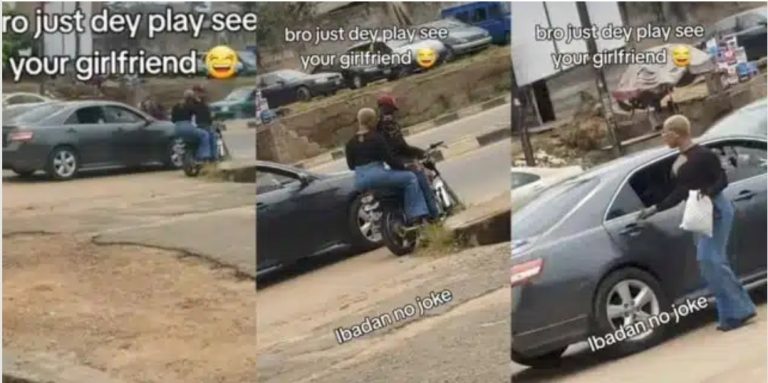 “Someone you don’t know, girls get mind” – Reactions trail viral video of lady descending moving bike to board flashy car by roadside