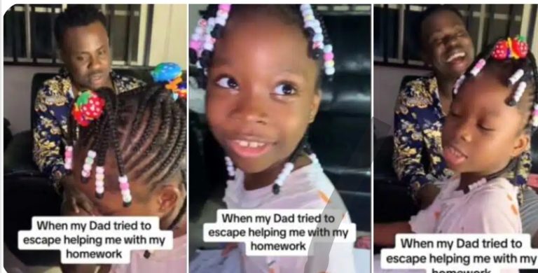 “Just say you don’t know it” – Little girl stirs reaction as she calls out her dad who tries to dodge her assignment (Video)