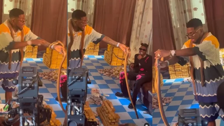 “The length I go for my fans” – Skiibii spotted holding a live snake during video shoot, Mayorkun expresses fear (Watch)