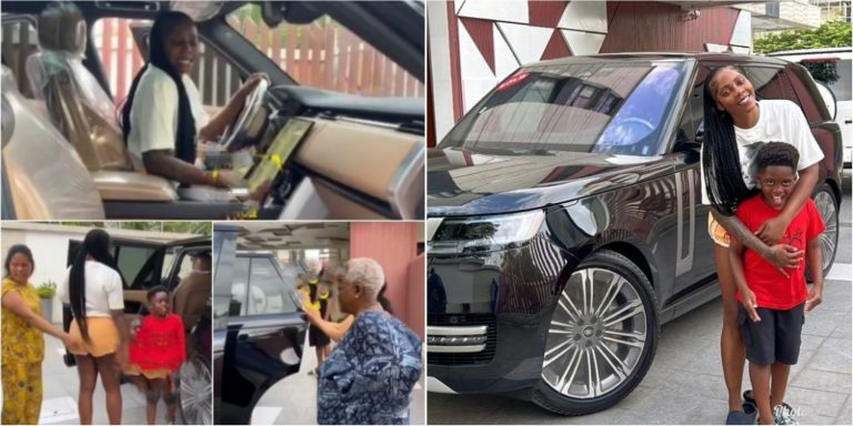 Tiwa Savage, her mum and son celebrates as Singer takes delivery of her new N320m Range Rover Vogue (Video)