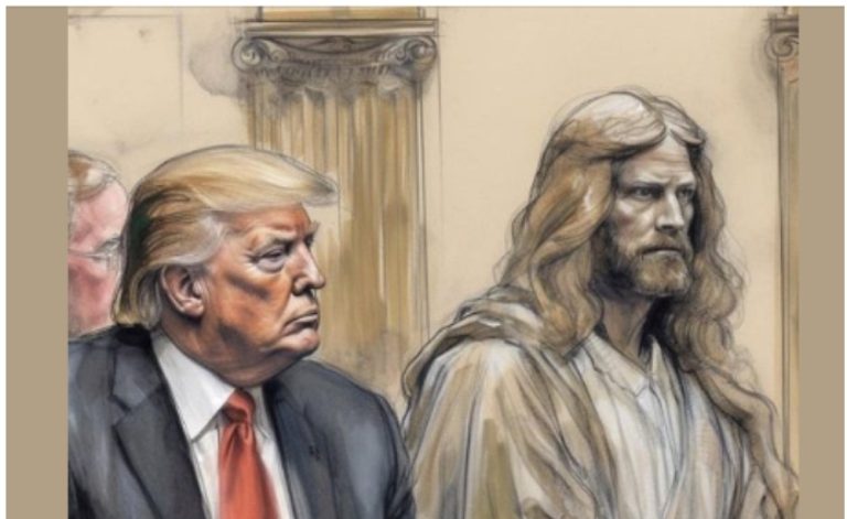 Again, Trump shares court sketch of him sitting next to “Jesus”