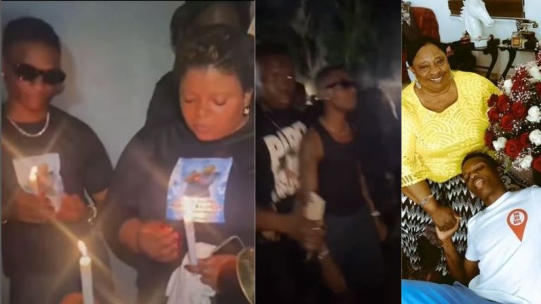 Wizkid and his sisters spotted at the candlelight procession of their mum (Video)