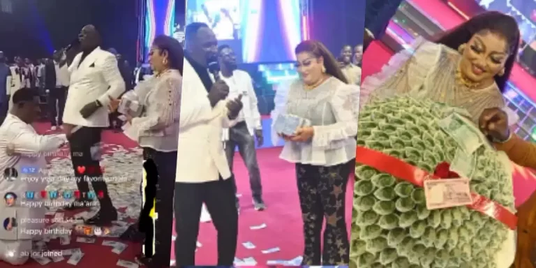 “In the house of God?” – Mixed reactions as church members spray money on pastor’s wife on her birthday