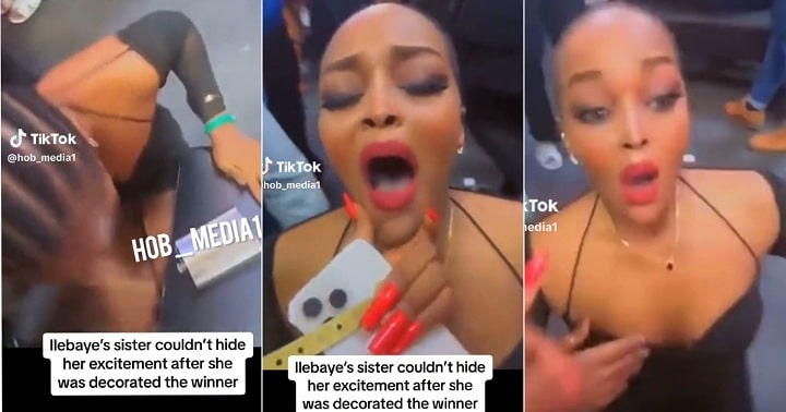 Moment Illebaye’s sister pulled her wig and fell to the floor after her sister was declared winner