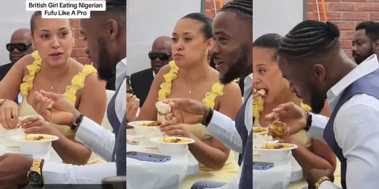 “He taught her well” – Nigerians gush with satisfaction as British lady rolls and eats fufu like a pro
